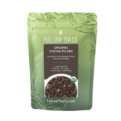 A 2oz bag of Full Leaf Tea Company Organic Cocoa Pu-Erh Loose Leaf Tea.