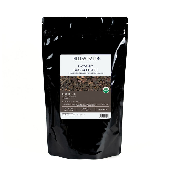 A 1/2 pound bag of Full Leaf Tea Company Organic Cocoa Pu-Erh Loose Leaf Tea.