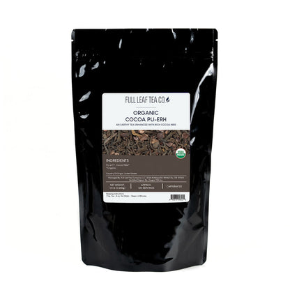 A 1/2 pound bag of Full Leaf Tea Company Organic Cocoa Pu-Erh Loose Leaf Tea.