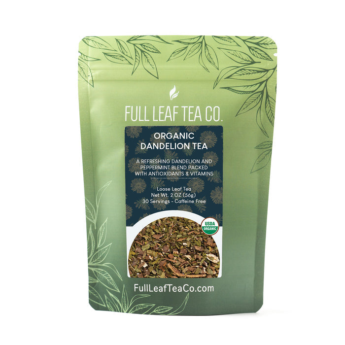 A 2oz bag of Full Leaf Tea Company Organic Dandelion Loose Leaf Tea.