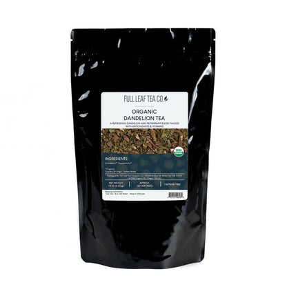 A 1/2 pound bag of Full Leaf Tea Company Organic Dandelion Loose Leaf Tea.