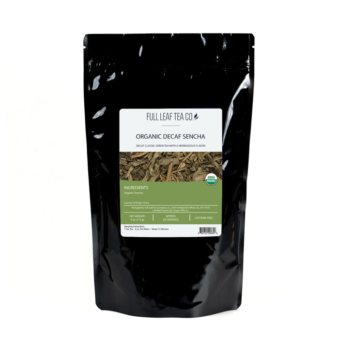 A 4oz bag of Full Leaf Tea Company Organic Decaf Sencha Loose Leaf Tea.