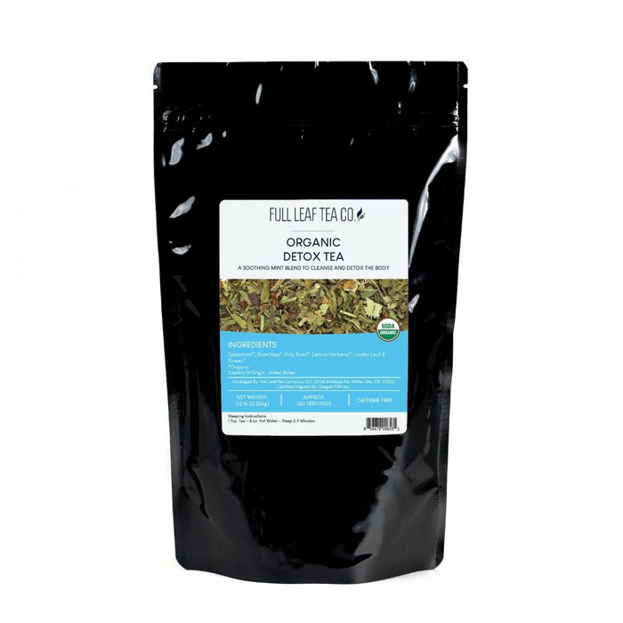 A 1/2 pound bag of Full Leaf Tea Company Organic Detox Loose Leaf Tea.