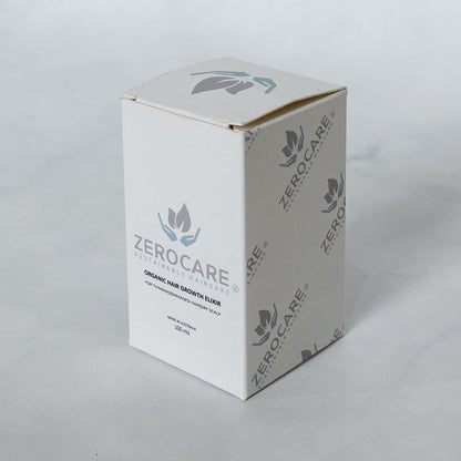 Box of 100ml jar of Zerocare Sustainable Haircare Organic Hair Growth Elixir for thinning, damaged hair, and dry scalp.