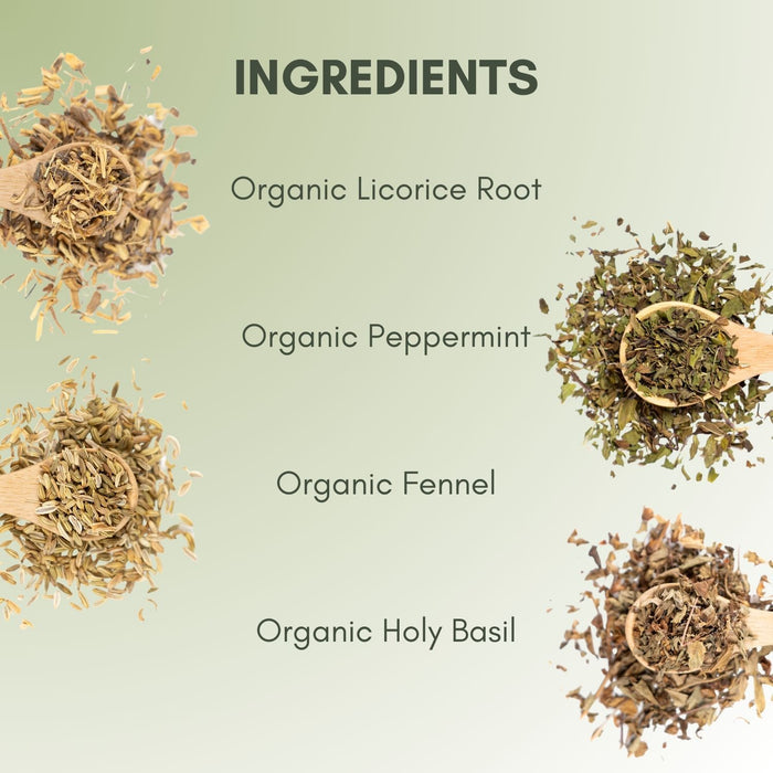 An Ingredient list for Organic Herbal Comfort Tea.