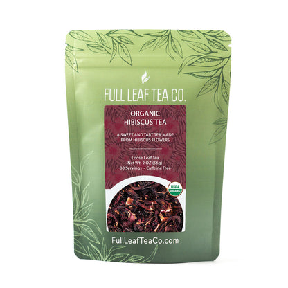 A 2oz bag of Full Leaf Tea Company Organic Hibiscus Loose Leaf Tea.