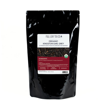 A 1/2 pound bag of Full Leaf Tea Company Organic Kingston Earl Grey Loose Leaf Tea.