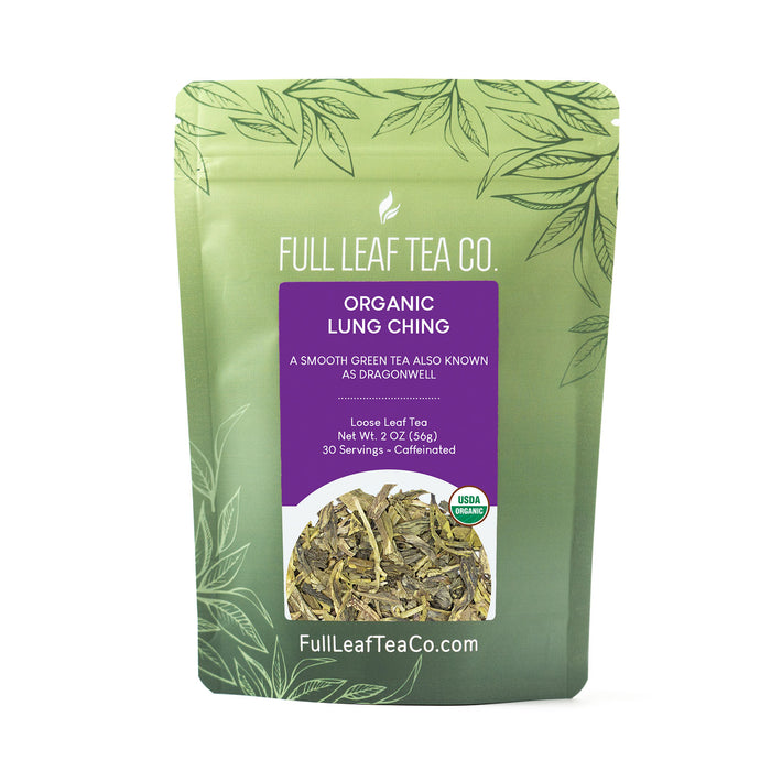 A 2oz bag of Full Leaf Tea Company Organic Lung Ching Loose Leaf Tea.