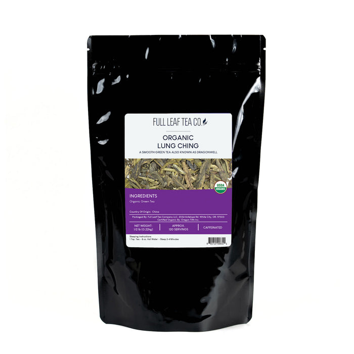 A 1/2 pound bag of Full Leaf Tea Company Organic Lung Ching Loose Leaf Tea.
