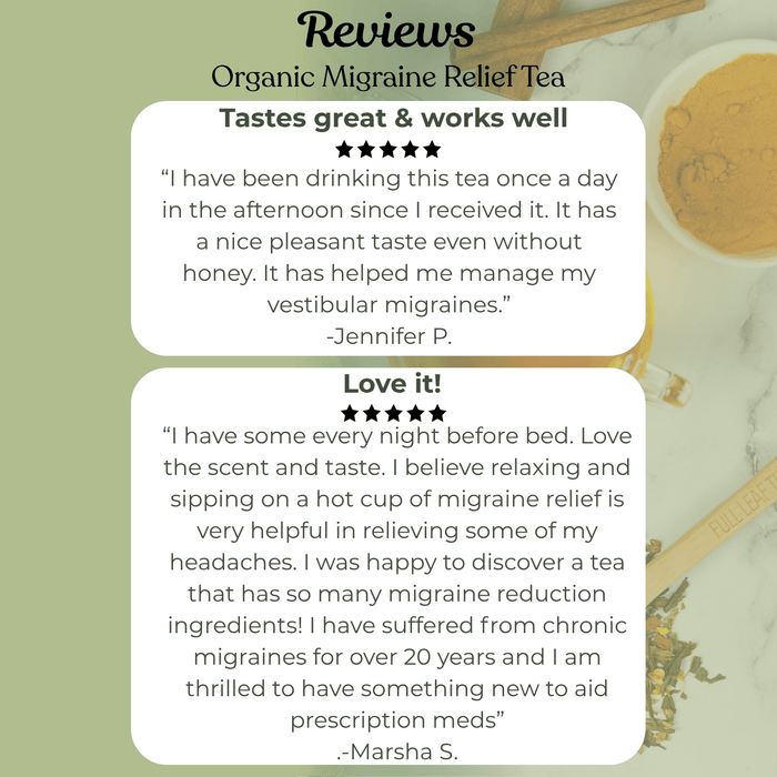 Reviews of Organic Migraine Relief Tea with tea leaves and cinnamon sticks on a green background