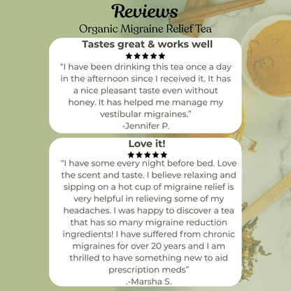 Reviews of Organic Migraine Relief Tea with tea leaves and cinnamon sticks on a green background