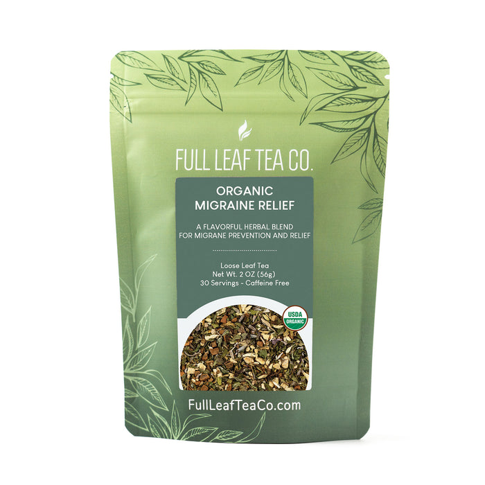 A 2oz bag of Full Leaf Tea Company Organic Migraine Relief Loose Leaf Tea.