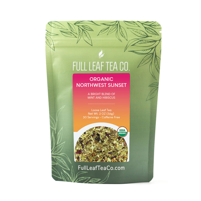A 2oz bag of Full Leaf Tea Company Organic Northwest Sunset Loose Leaf Tea.