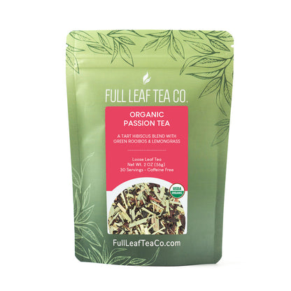 A 2oz bag of Full Leaf Tea Company Organic Passion Tea Loose Leaf Tea.