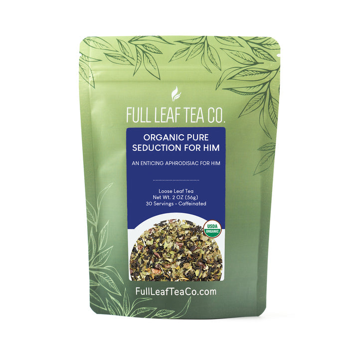 A 2oz bag of Full Leaf Tea Company Organic Pure Seduction For Him Loose Leaf Tea.