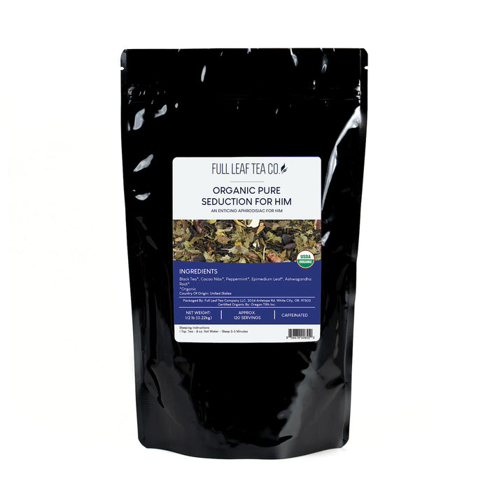 A 1/2 pound bag of Full Leaf Tea Company Organic Pure Seduction For Him Loose Leaf Tea.