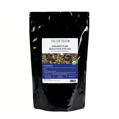 A 1/2 pound bag of Full Leaf Tea Company Organic Pure Seduction For Him Loose Leaf Tea.