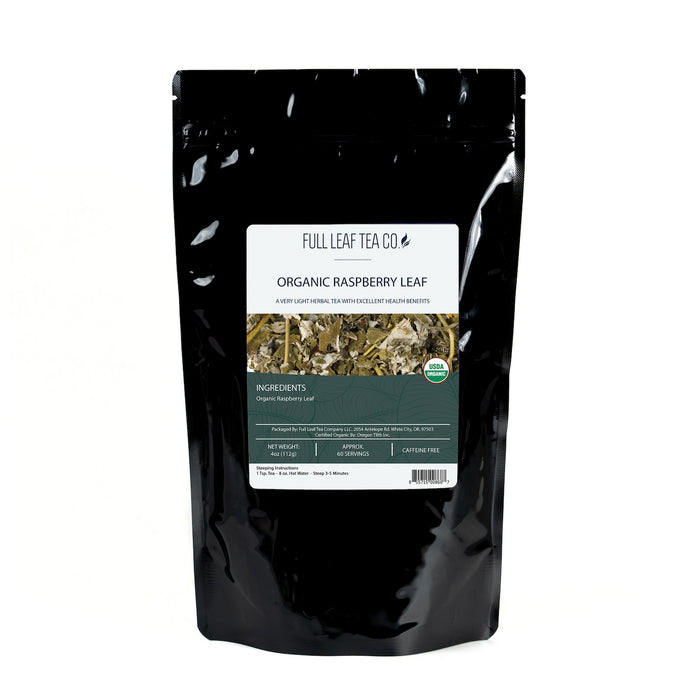 A 4oz bag of Full Leaf Tea Company Organic Raspberry Leaf Loose Leaf Tea.