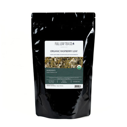 A 4oz bag of Full Leaf Tea Company Organic Raspberry Leaf Loose Leaf Tea.
