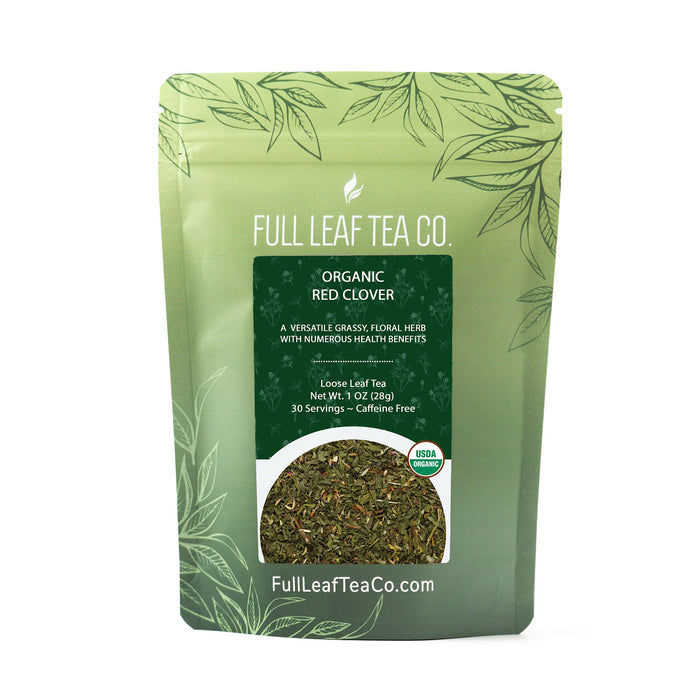 A 2oz bag of Full Leaf Tea Company Organic Red Clover Loose Leaf Tea.