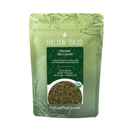 A 2oz bag of Full Leaf Tea Company Organic Red Clover Loose Leaf Tea.