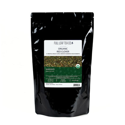A 4oz bag of Full Leaf Tea Company Organic Red Clover Loose Leaf Tea.