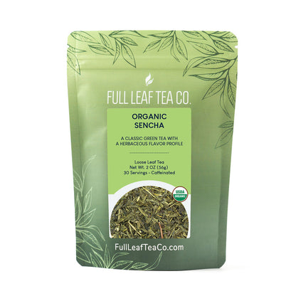 A 2oz bag of Full Leaf Tea Company Organic Sencha Loose Leaf Tea.