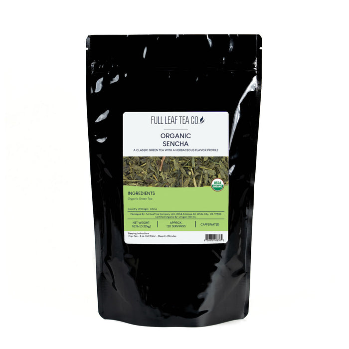 A 1/2 pound bag of Full Leaf Tea Company Organic Sencha Loose Leaf Tea.