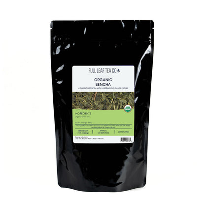 A 1/2 pound bag of Full Leaf Tea Company Organic Sencha Loose Leaf Tea.