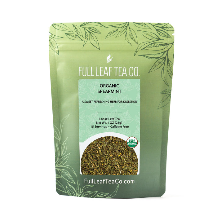 A 2oz bag of Full Leaf Tea Company Organic Spearmint Loose Leaf Tea.