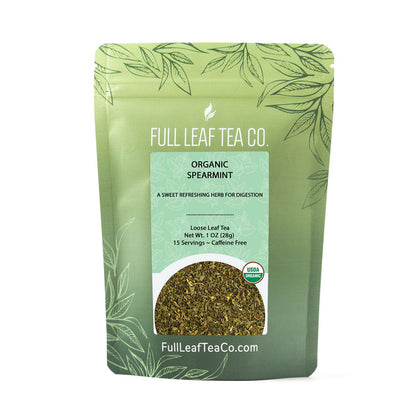 A 2oz bag of Full Leaf Tea Company Organic Spearmint Loose Leaf Tea.