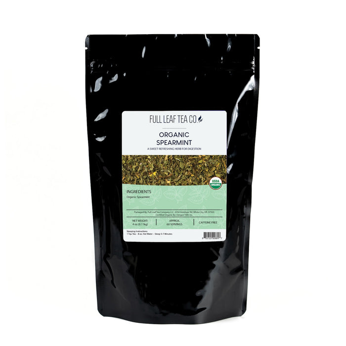 A 4oz bag of Full Leaf Tea Company Organic Spearmint Loose Leaf Tea.