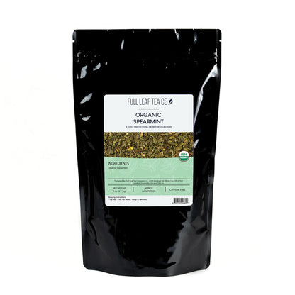 A 4oz bag of Full Leaf Tea Company Organic Spearmint Loose Leaf Tea.