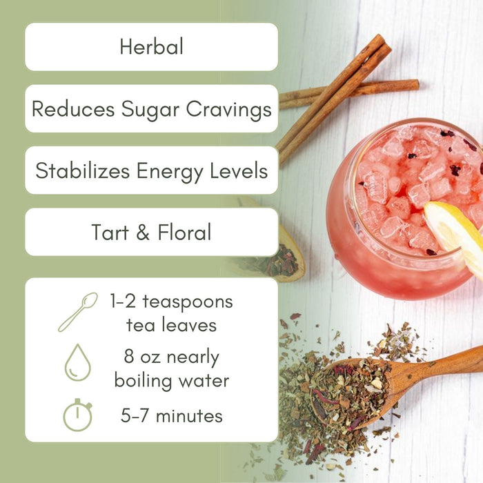Informational graphic for sugar crush tea. Flavor is tart and floral, stabilizes energy levels, and reduces sugar cravings.