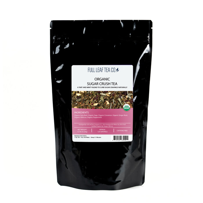 A 1/2 pound bag of Full Leaf Tea Company Organic Sugar Crush Loose Leaf Tea.