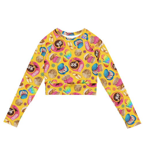 Pan Dulce kawaii long-sleeved crop top in yellow with rainbow-striped conchas and blue drizzled conchas