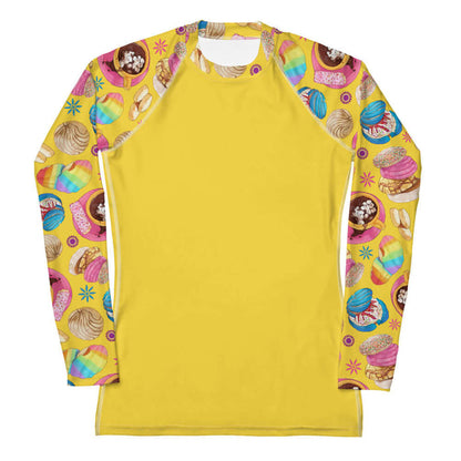 Pan Dulce kawaii rash guard in yellow with marshmallow hot chocolate and pink cortadillos