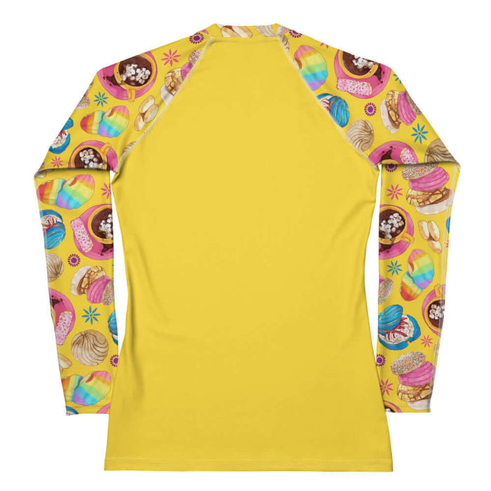 Pan Dulce kawaii rash guard in yellow with golden orejas and sprinkle galletas
