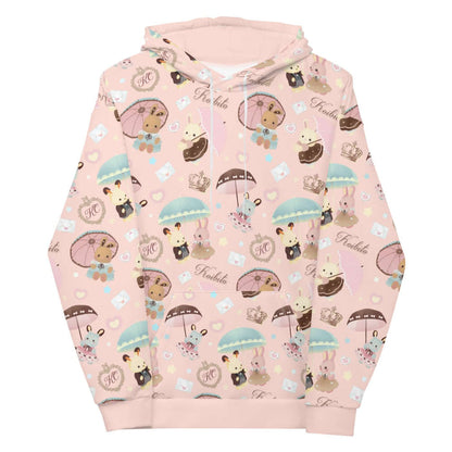 Parasol Bunny kawaii hoodie in pastel pink with lace-framed crests and stitched hearts