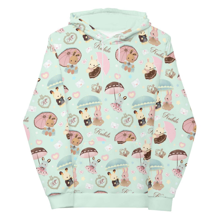 Parasol Bunny kawaii hoodie in mint with dressed-up bunnies and pastel hearts