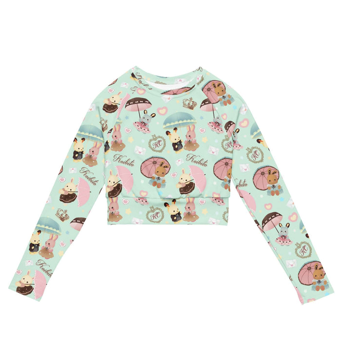 Parasol Bunny kawaii long-sleeved crop top with ruffle-dressed bunnies and tiny hearts