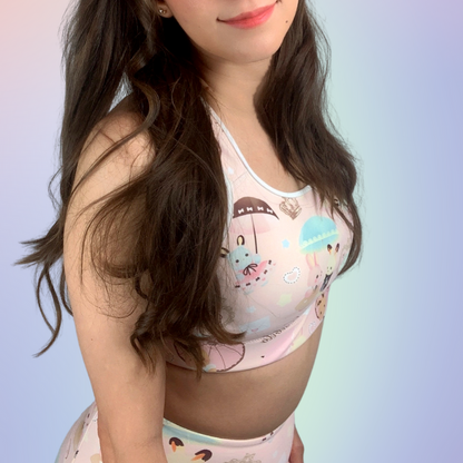 Parasol Bunny kawaii sports bra with pink parasols and love letters