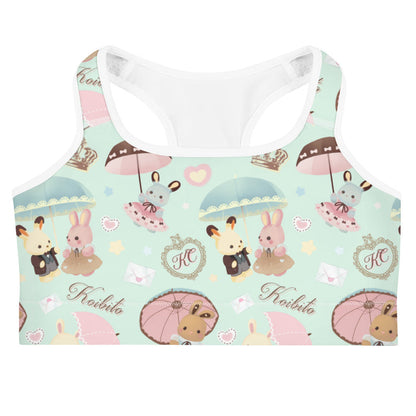 Parasol Bunny kawaii sports bra with crowned bunnies and scalloped lace parasols
