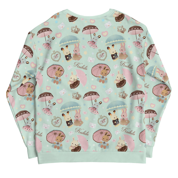 Parasol Bunny kawaii sweatshirt in pastel blue with ruffle-dressed bunnies and tiny hearts