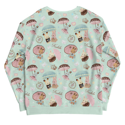 Parasol Bunny kawaii sweatshirt in pastel blue with ruffle-dressed bunnies and tiny hearts