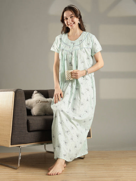 Pastel green floral cotton summer night dress for women