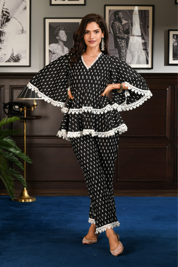Pima Satin Ancel Kurta With Ancle pyajama Black