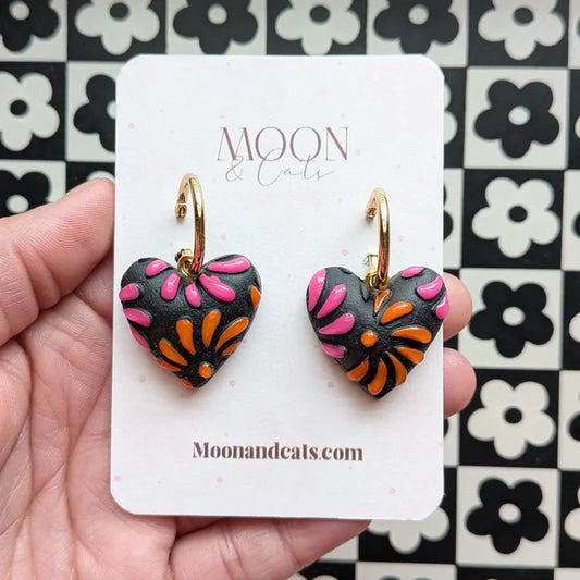 Pink and Orange Talavera on Black Heart Earrings