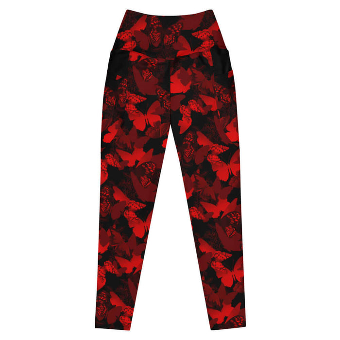 Butterfly kawaii premium leggings in crimson with lavender-speckled wings and navy butterflies