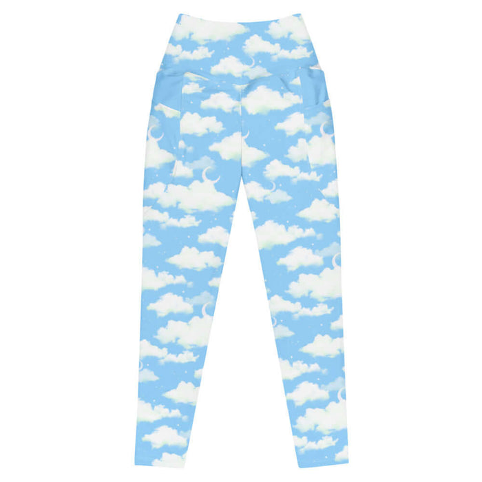 Cloudy Sky kawaii premium leggings with fluffy clouds and a crescent moon on a pastel sky